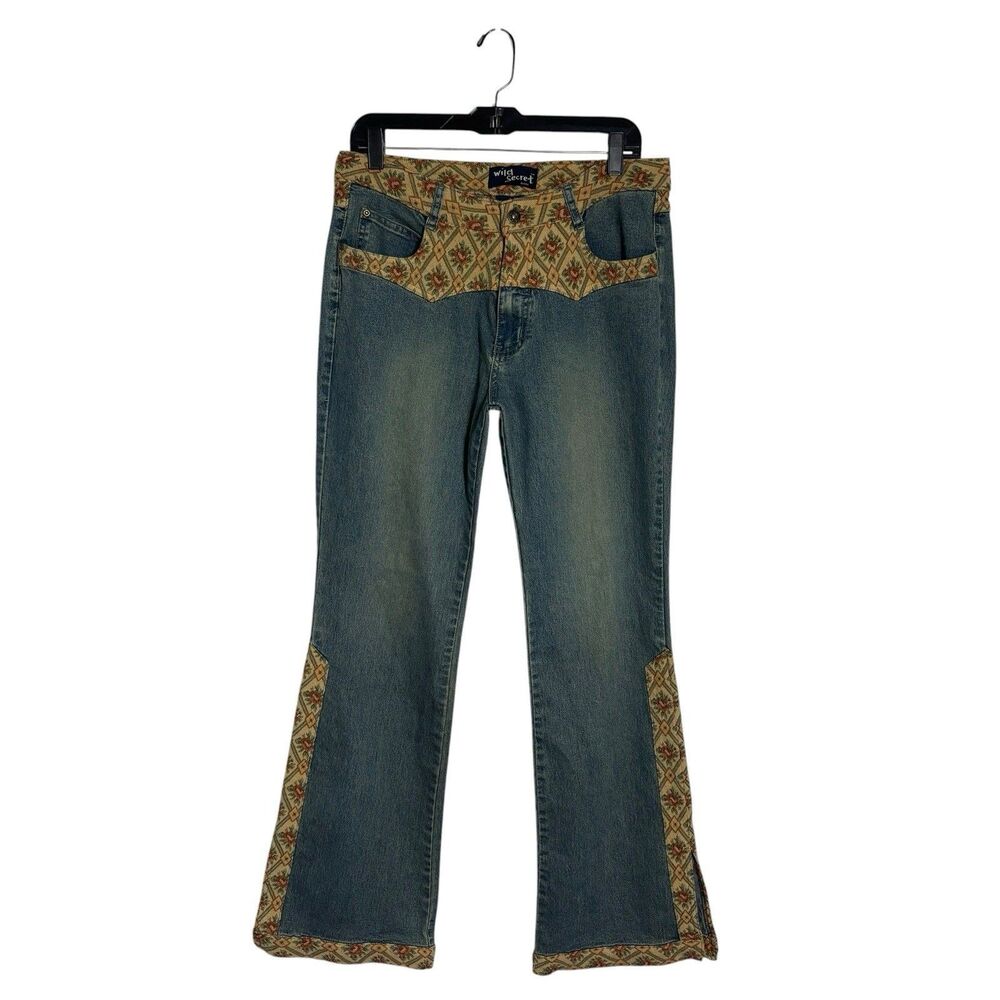 Vtg Wild Secret Floral Tapestry Patchwork Denim Flare Jeans 9 Boho Western Y2K